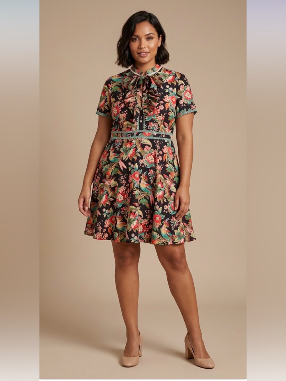 Floral Midi Dress in Black with Multicolor Blooms